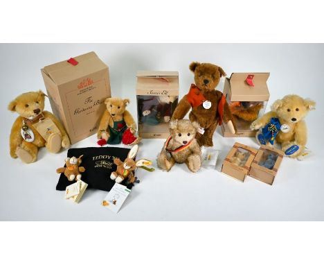 Three boxed Steiff small teddy bears - The Gardening Bear, Santa's Elf and Halloween bear, to/w two boxed miniature bears, fo