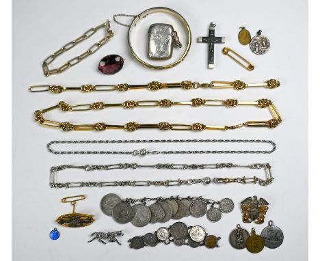Mixed items including a silver vesta (bruised); white metal Albert and rope chain neckace, crucifix, coin bracelets, brooch, 