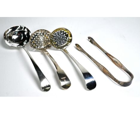 Peter &amp; Ann Bateman - a pair of bright-cut silver sugar tongs, London 1798 to/w an OEP sauce ladle, William Sumner I, Lon
