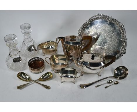 An Art Deco four piece tea service to/w plated on copper salver, two cut glass decanters, sauce boat, soup ladle, serving spo