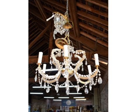 A gilt metal framed crystal glass and glass strung six branch electrolier chandelier, approx. 60 cm doa. x 60 cm h to/with a 