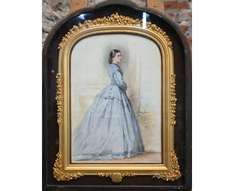 English school - Portrait of a young woman in blue dress, watercolour (possibly painted on ivory strips), indistinctly signed