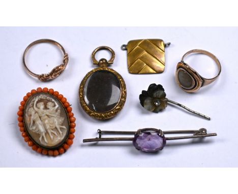 A collection of Victorian and later jewellery items including shell cameo brooch featuring the Three Graces, with coral bead 