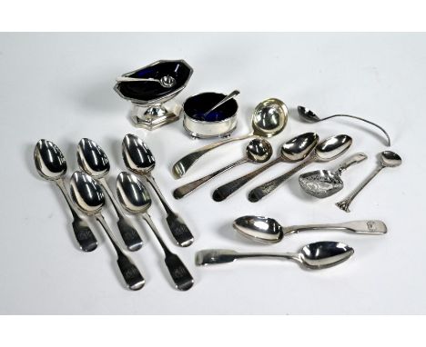 A George III engraved silver caddy spoon, John Thropp, Birmingham 1809 (probably), to/w a set of six William IV fiddle patter