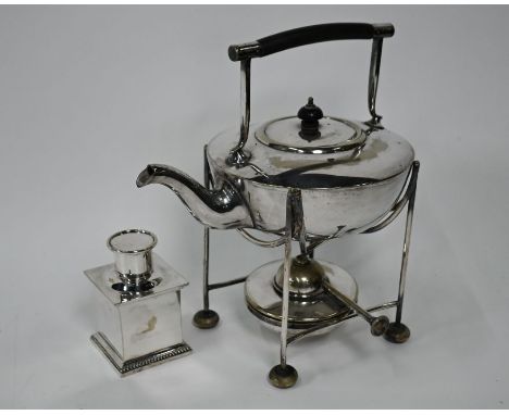 A Mappin &amp; Webb Princes Plate kettle on stand in the manner of Christopher Dresser, to/w a square epns tea caddy (2)