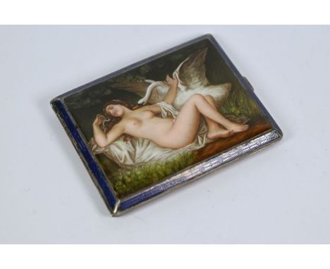 Erotica:&nbsp; a Continental 900 grade cigarette case, enamelled with Leda and the Swan, within Gothic tracery border, 10 x 8