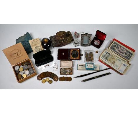 A quantity of collectables including leather-cased ambrotype, small silver frame, silver and other coins, banknotes including