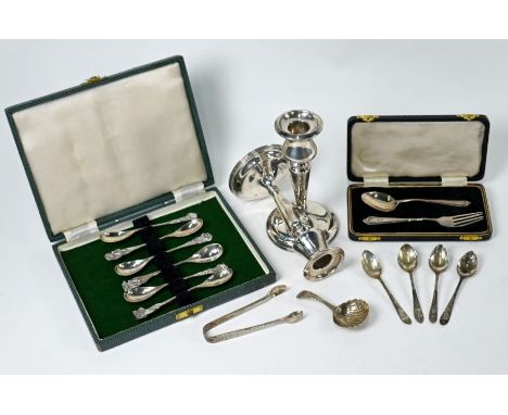 A George III silver bright-cut caddy spoon with shell bowl, John Lambe 1809, to/w a cased set of 833 standard Continental spo