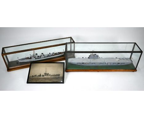 Two vintage scratch built scale model ships - 'HMS Tenedos', a Royal Navy battleship, by HMW, dated '54, in glazed display ca