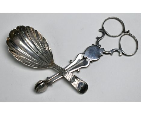 A William IV bright-cut silver caddy spoon with shell bowl, Benjamin Smith III, London 1834 to/w a pair of sugar nips (marks 