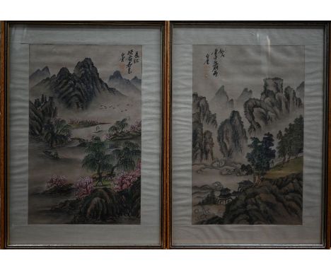 Two 20th century Chinese silk mounted paintings, ink and watercolour on paper depicting idyllic mountainous landscapes with i