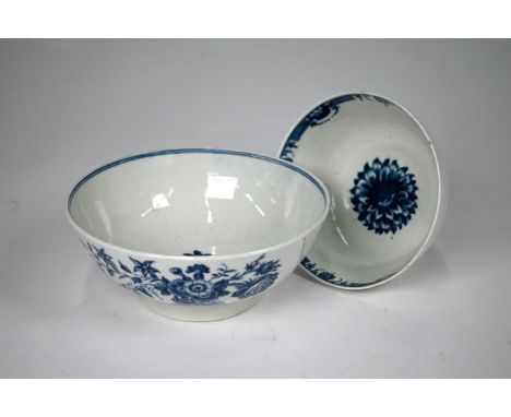 A First Period Wocester blue and white 15.5 cm bowl, printed with flowers and insects, to/w a 12cm bowl with floral and folia