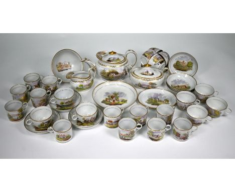 A New Hall china tea service, printed and painted with rural landscapes and buildings including Eltham Lodge (now Royal Black