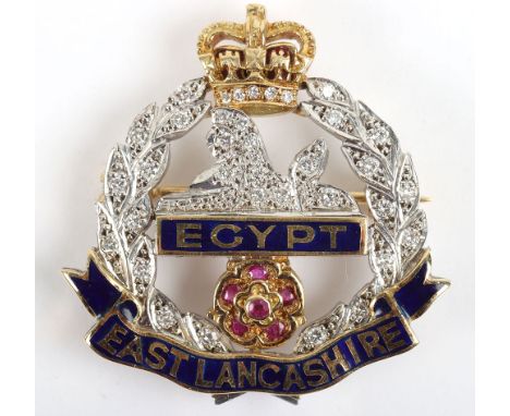 18ct Gold Diamond and Ruby Brooch of the East Lancashire Regiment, fine quality EIIR period brooch set with small diamonds an