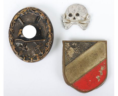 WW2 German Badges: Black wound badge early painted  brass with pin and catch, alloy Panzer collar skull marked GB38 no pins a