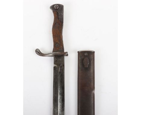WW1 Battle Damaged German Mauser 98/05 Bayonet, being an untouched example with shaped two piece wooden slab grips. Steel pom
