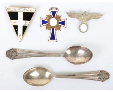 German Third Reich WHW Spoon and Badges: WHW 1934/35 white metal tea spoon with swastika and Christmas tree to front, Frauens