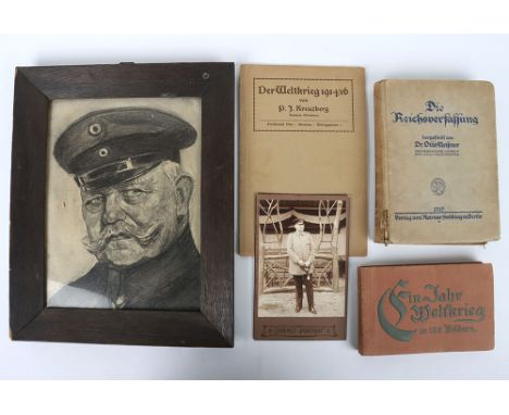 WW1 German Ephemera: Framed sketch of  Paul von Hindenburg  32 x 26 cms,  War in 100 pictures book  , uniform studio card wea