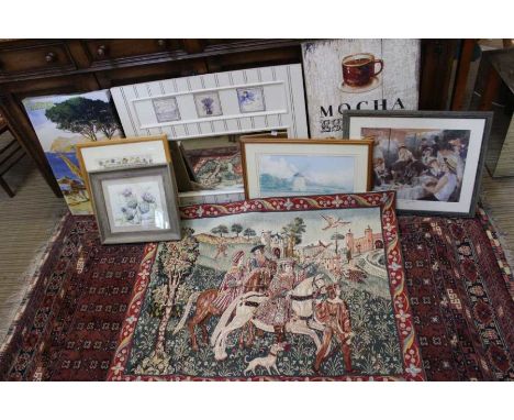 A wall mirror with hanging hooks together with decorative pictures &amp; prints,  and a wall tapestry 