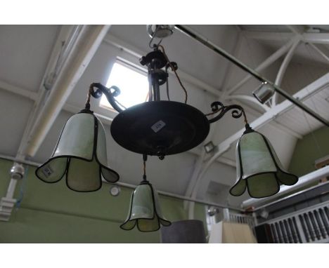 A Christopher Wray Nouveau design, copper finished hanging triple sconce ceiling light