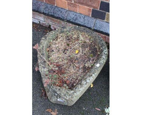 An old well weathered Cotswold stone trough, containing succulents, Dimensions are 22cm high x 51cm wide x 60cm long