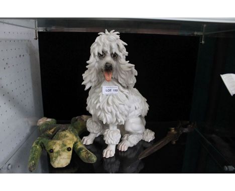 A pair of vintage steel tailor's scissors, with a Spanish porcelain poodle, and a frog beanie, poodle is 32cm high