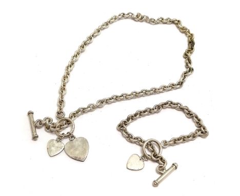 Silver albert chain style neckchain (36cm) &amp; bracelet with heart pendant detail - 54g 