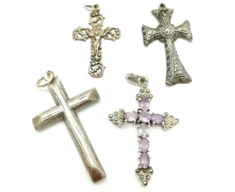 4 x silver crosses inc heavy gauge wood finish (5.5cm), amethyst, marcasite &amp; antique crucifix (unmarked) - total weight 