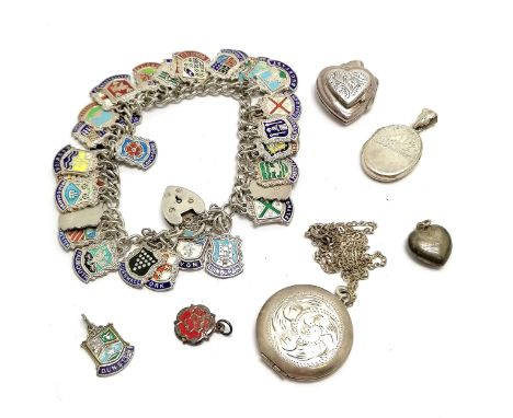 Silver charm bracelet with Georg Jensen heart padlock with assortment of enamel silver shields t/w 3 x silver heart lockets (