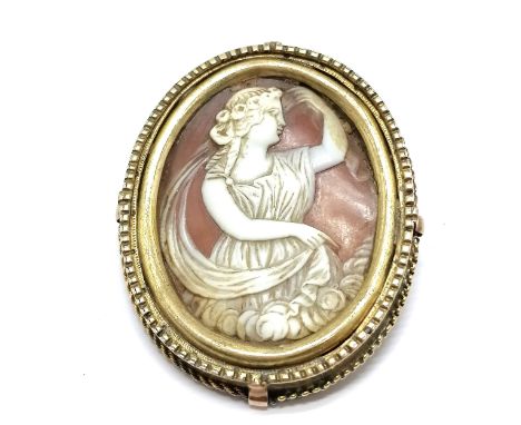 Antique hand carved cameo locket brooch depicting classical figure with garland - 5.5cm drop &amp; has old glue repairs 