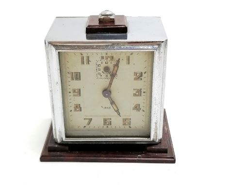 Art Deco Jaz chrome and Bakelite alarm clock 7cm high - Running at the time of listing but we do not guarantee the working of
