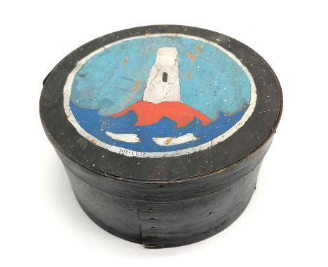 Folk art circular food box with hand painted lighthouse detail to lid - 22cm diameter x 11cm high 