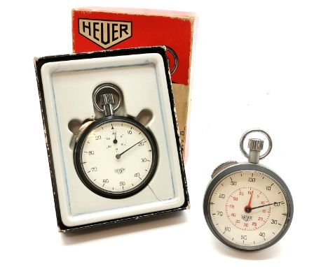 2 x Heuer vintage mechanical stopwatches (1 in original retail box 11cm x 8.5cm &amp; has losses) - both run BUT WE CANNOT GU