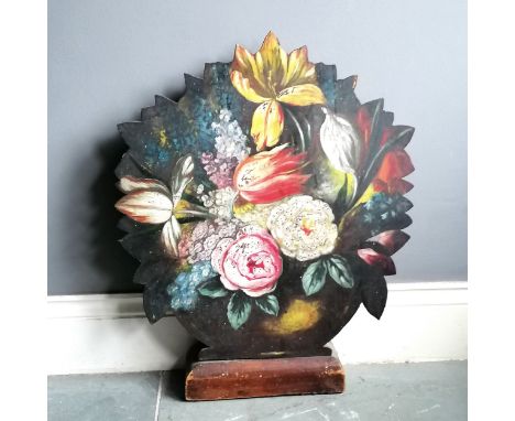 Vintage hand painted wooden fire screen  with carry handle to reverse - 73cm x 58cm wide ~ slight losses 
