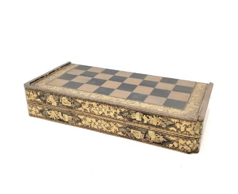 Antique Chinese chess / backgammon board box in gold &amp; black lacquer - 49.5cm x 24.5cm x 9cm deep (opened 49cm square) t/