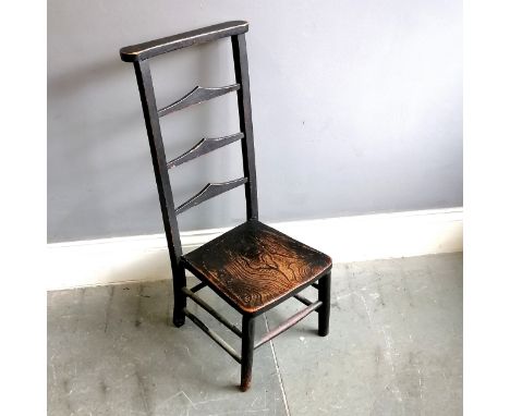 Antique ebonised ladder back prayer chair, 32cm wide x 35cm deep x 87cm high, in used condition.