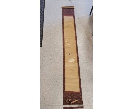 Antique Chinese silk wall hanging with embroidered bird &amp; prunus detail - 178cm x 24cm ~ wooden return weight detached &a