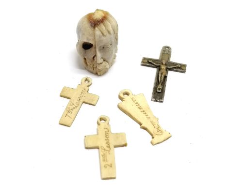 Antique carved bone memento mori (2cm) t/w 3 x vegetable root votives &amp; crucifix