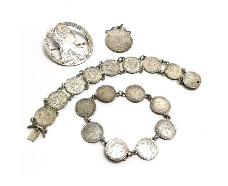 2 x silver coin bracelets t/w silver 1925 coin pendant &amp; Maria Theresa thaler cut-out coin brooch (4cm) - total weight 45