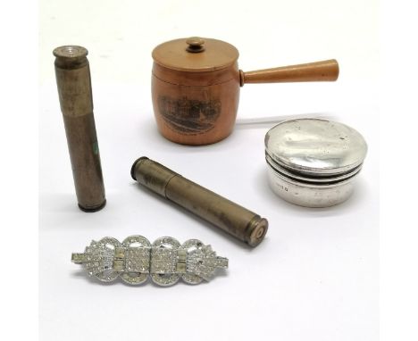 Mauchline treen cooking pot with lid (Tunbridge Wells), 2 trench art bullet cannisters, silver circular box (a/f) etc ~ all h