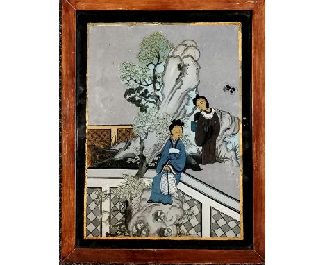 19th century Chinese hand painted mirror with a figural scene, in a later wooden frame - 42.5cm x 33cm ~ mirror glass has sli