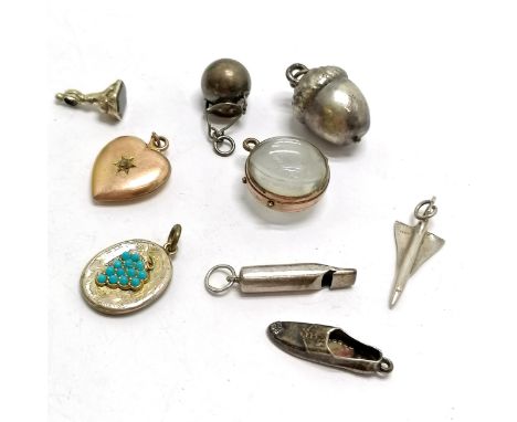 Qty of antique / vintage pendants inc silver concorde, silver cooking pot, unmarked silver miniature whistle (3cm) etc