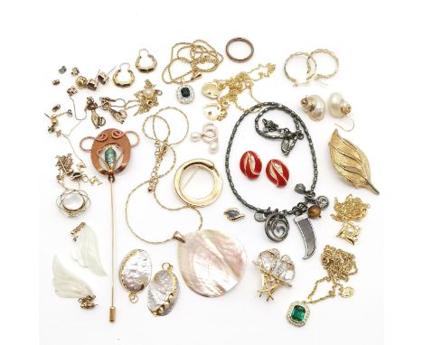 Dyrberg Kern necklace inc tigers eye pendant, Monet earrings + brooch, mother of pearl pendant + earrings, silver gilt pearl 