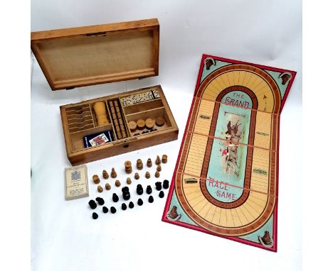 Antique compendium games box 34cm x 20cm x 9cm high - has full chess set (1 knight damaged), dominoes, draughts although miss