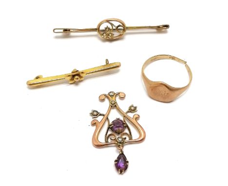 Antique Art Nouveau 9ct marked rose gold pendant set with amethyst / pearl (no bale) - 3.5cm drop, 9ct signet ring (a/f) &amp