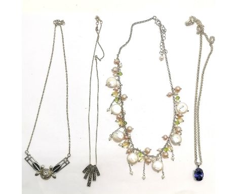 4 x silver necklaces inc Art Nouveau design by K&amp;SH, purple stone set on a 42cm chain, pearl etc - total weight 51g 