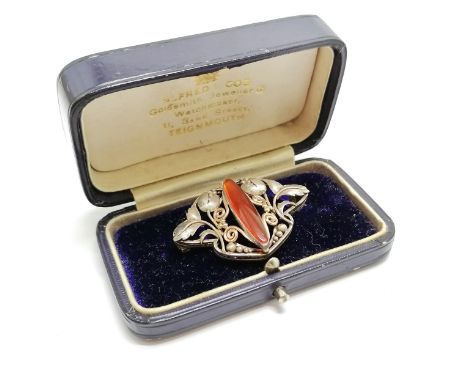 Unmarked silver Art Nouveau stone set brooch in an antique Alfred Coe (Teignmouth) retail box (7cm) - SOLD ON BEHALF OF THE N