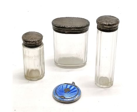 3 x antique silver topped glass bodied jars (2 have small chips to inside rims &amp; tallest 13cm) t/w silver enamelled powde