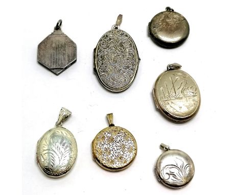 7 x silver marked locket pendants - Art Deco is 3.5cm ~ total weight 57g ~ 1 is silver gilt &amp; 3 have slight dents 