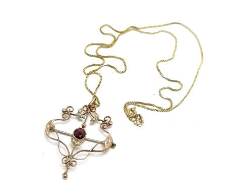 Antique 9ct marked gold Art Nouveau pendant / brooch (metal pin) set with pearl / garnet (4cm drop) on a 9ct marked gold 50cm